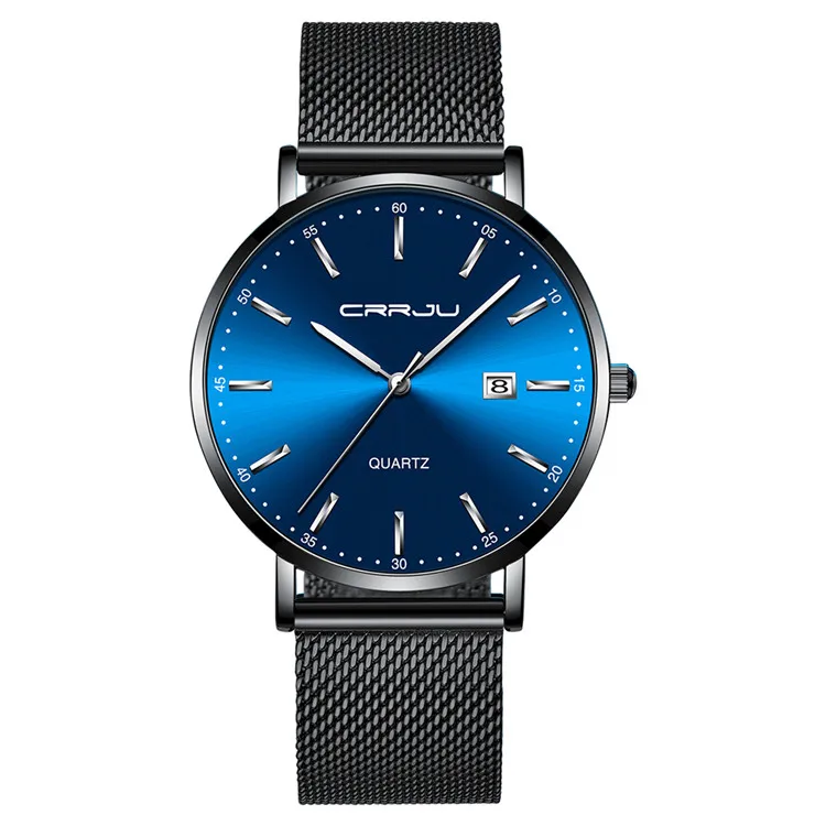 Black Blue Silver CRRJU модные розовые Золотые женские часы Стильные Простые унисекс из нержавеющей стали с сеткой кварцевые наручные часы женские водонепроницаемые часы - Цвет: Black Blue Silver