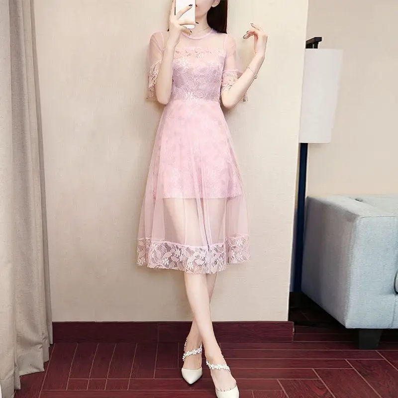 pink Новое летнее женское кружевное лоскутное Сетчатое платье, женские сексуальные прозрачные вечерние платья, женские однотонные тонкие платья Z340 - Цвет: pink