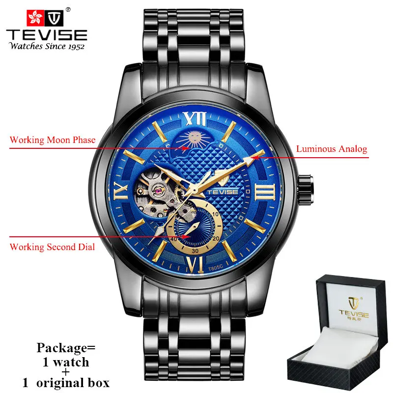 black with box TEVISE самовзводные автоматические часы для мужчин механические мужские часы с фазой Луны светящиеся руки деловые наручные часы Relogio Masculino - Цвет: black with box