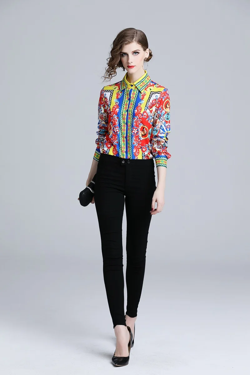 Fashion new Spring Autumn women turn-down collar casual European style pattern print shirts long sleeve office lady work |