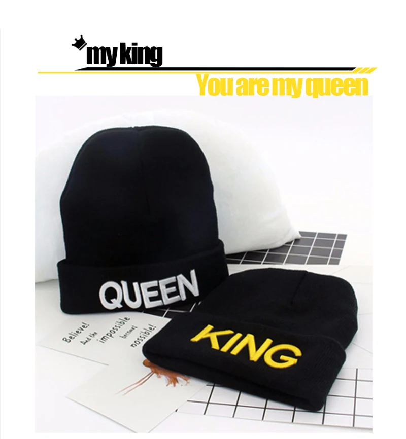 Теплые зимние осенние эластичные Новые шапки KING QUEEN, вязаные шапки для пар Skullies Bonnet homme, головные уборы для мужчин и женщин, лыжные спортивные шапки
