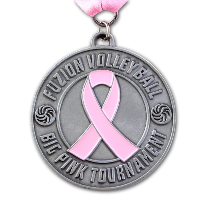 

Manufacturers pink ribbon medals custom antique silver round metal medals