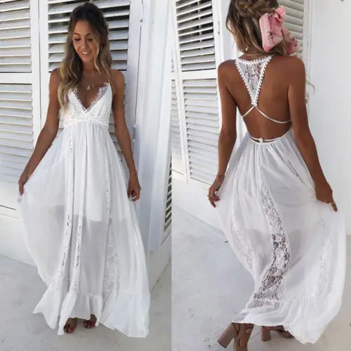 Женское длинное платье без рукавов Boho летнее пляжное с треугольным вырезом и