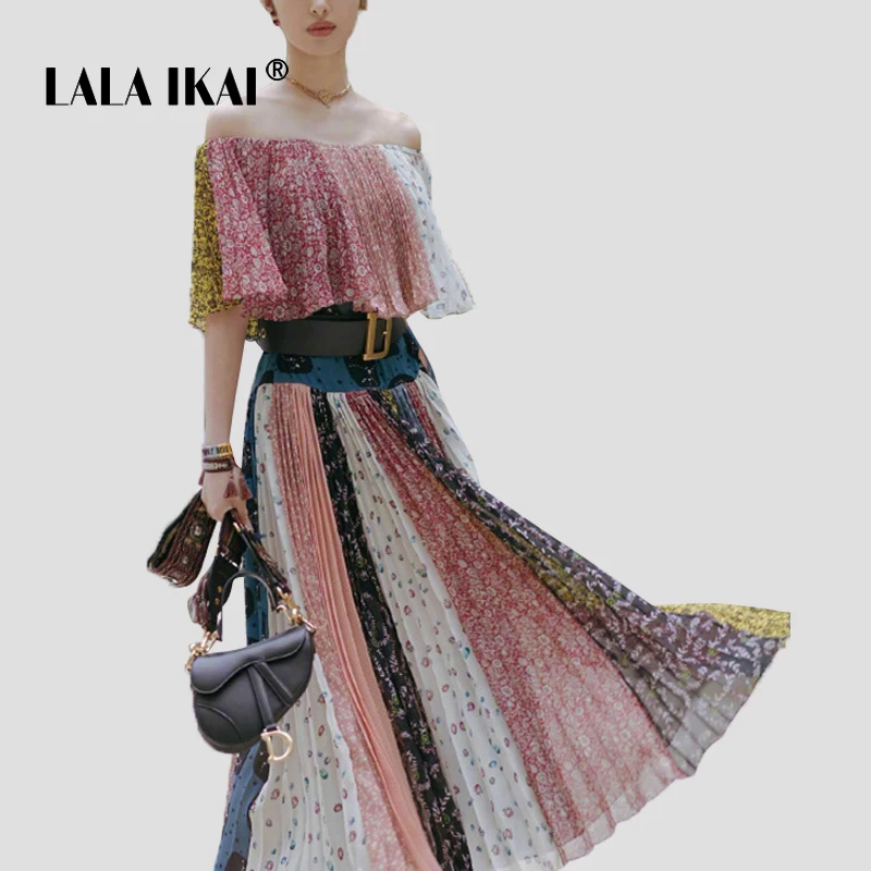 LALA IKAI/богемное летнее лоскутное Для женщин платья макси с открытыми плечами