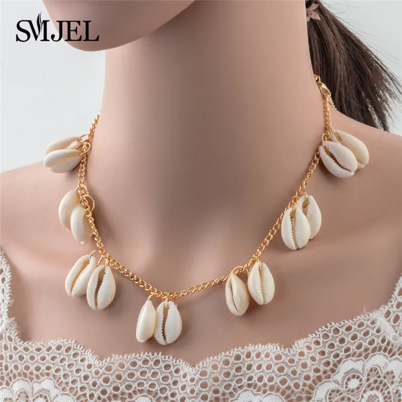 SMJEL Boho Seashell колье для женщин в виде раковины, колье, раковины, раковины, зеленый камень, бисер, Золотая цепочка, ожерелье, ювелирное изделие, бижутерия