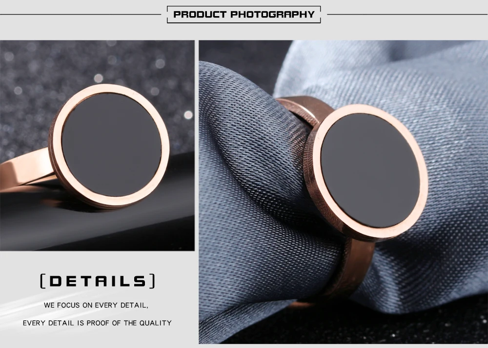 BOBOTUU Titanium Steel Chic Rings For Women Rose Gold Color Never Fade Black Acrylic Female Finger Wedding Bands Gift BR17041