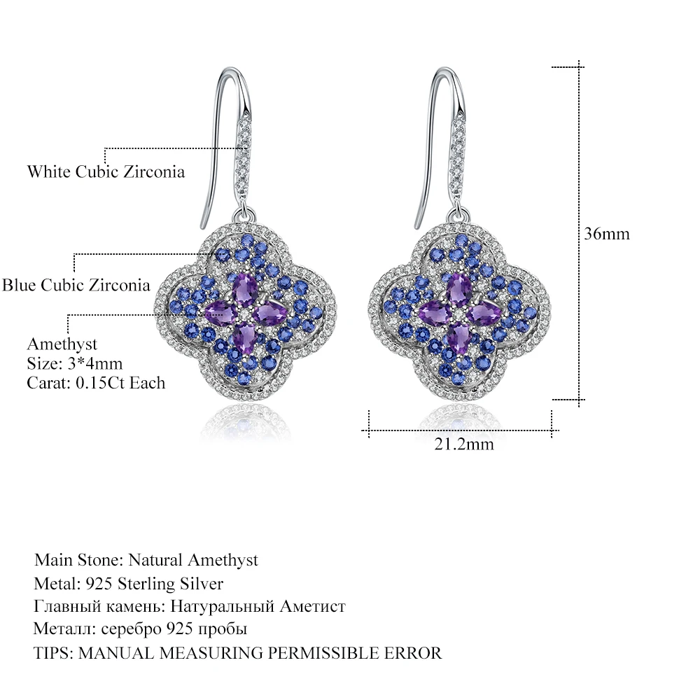 GEM'S BALLET 1.21Ct Natural Flower Amethyst Drop Earrings for Women 925 Sterling Silver Vintage Gemstone Fine Jewelry | Украшения и