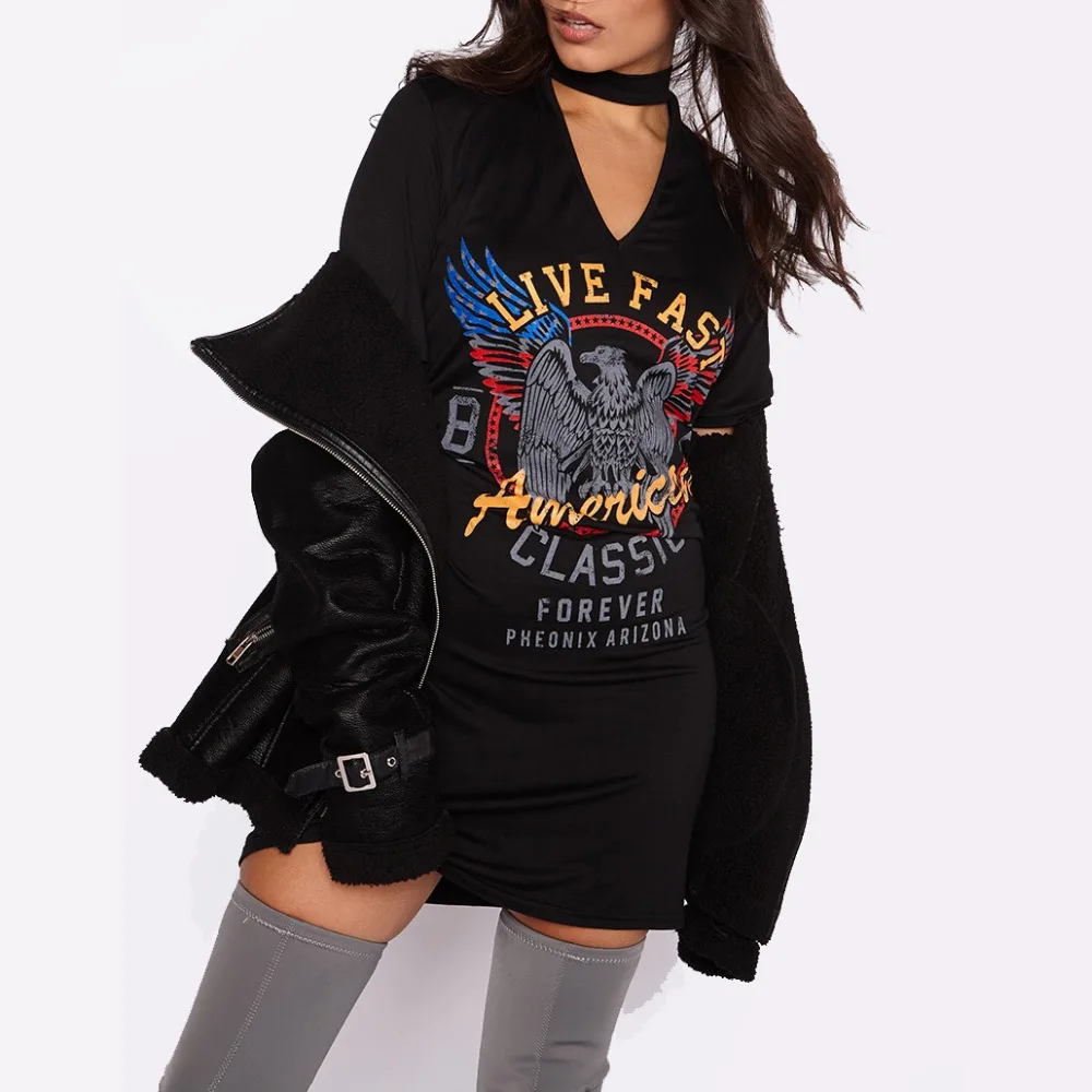 Women Dress Black T shirt V-Neck Short Sleeve Eagle Print Harajuku T-shirt Hanging Neck Party Street Style | Женская одежда