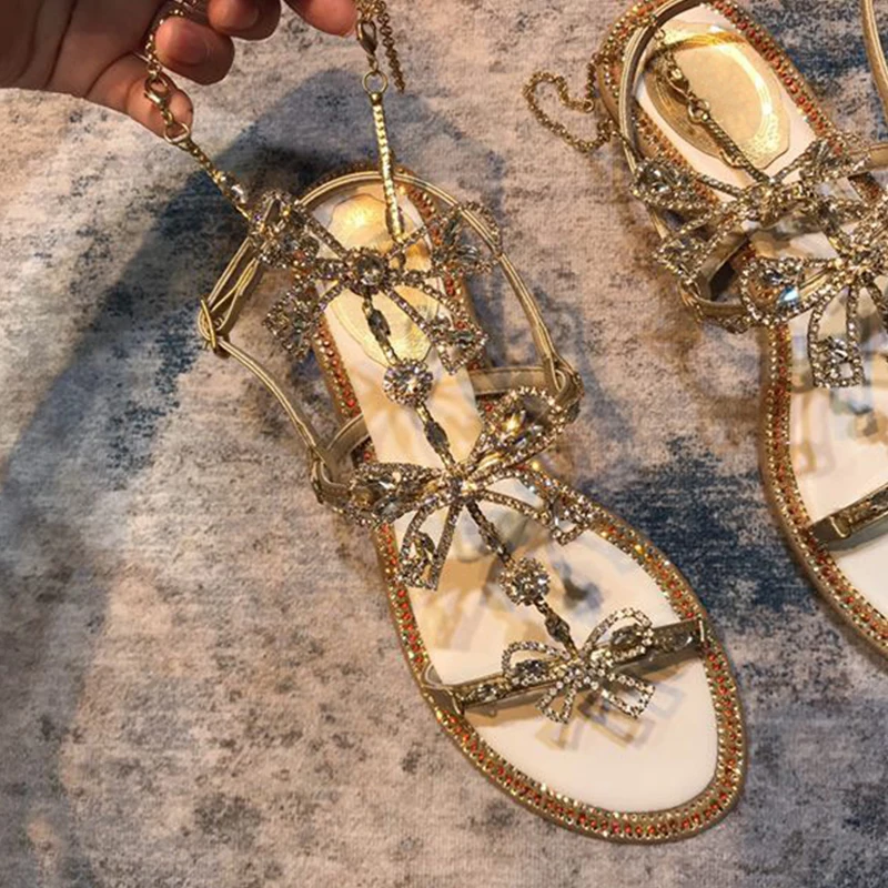 Сандалии-гладиаторы женские со стразами дизайнерская Летняя обувь на плоской