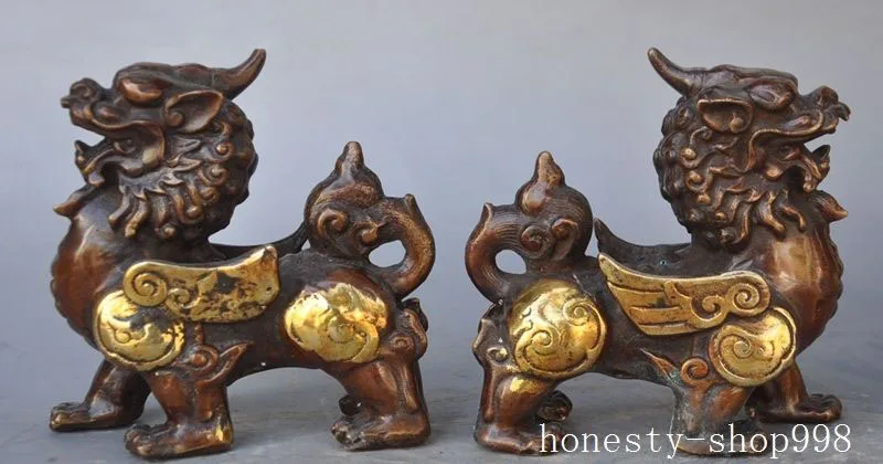 

christmas Chinese Bronze Gilt Fly Dragon Kylin Chi-lin Unicorn Pi Xiu Kirin Statue Pair halloween