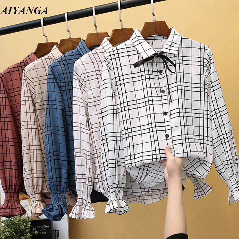 2019 весенние клетчатые блузки женские рубашки с длинными рукавами шифоновые для
