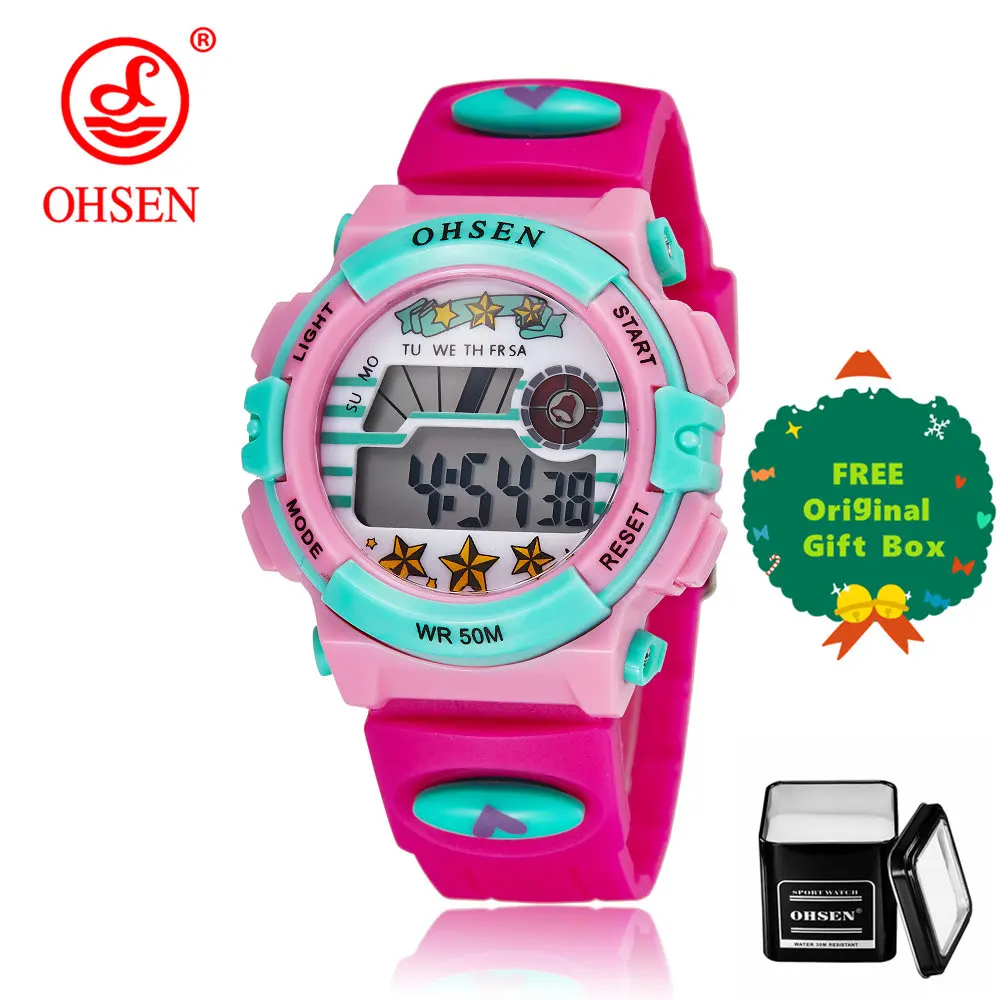 rose red and box OHSEN детские часы электронные 5 бар водонепроницаемые часы для спорта на открытом воздухе детские часы модные цифровые часы для мальчиков Relogio Masculino - Цвет: rose red and box
