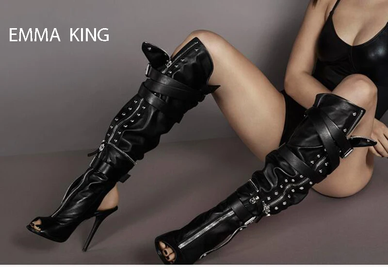 black Весенне-осенние модные женские сапоги черного цвета, Zapatos De Mujer, сапоги до колена на высоком каблуке с открытым носком и застежкой-молнией, женская обувь - Цвет: black