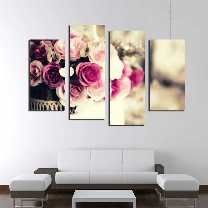 4 Piece Wall Art Modern Acrylic Flower Colorful roses Oil Painting On Canvas Paintings modular pictures Home Decor F18829 | Дом и сад