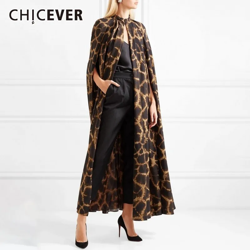 CHICEVER Женское пальто с открытой строчкой с круглым вырезом, плащ с рукавом, Леопардовый принт, Длинные плащи для женщин, летняя винтажная мода