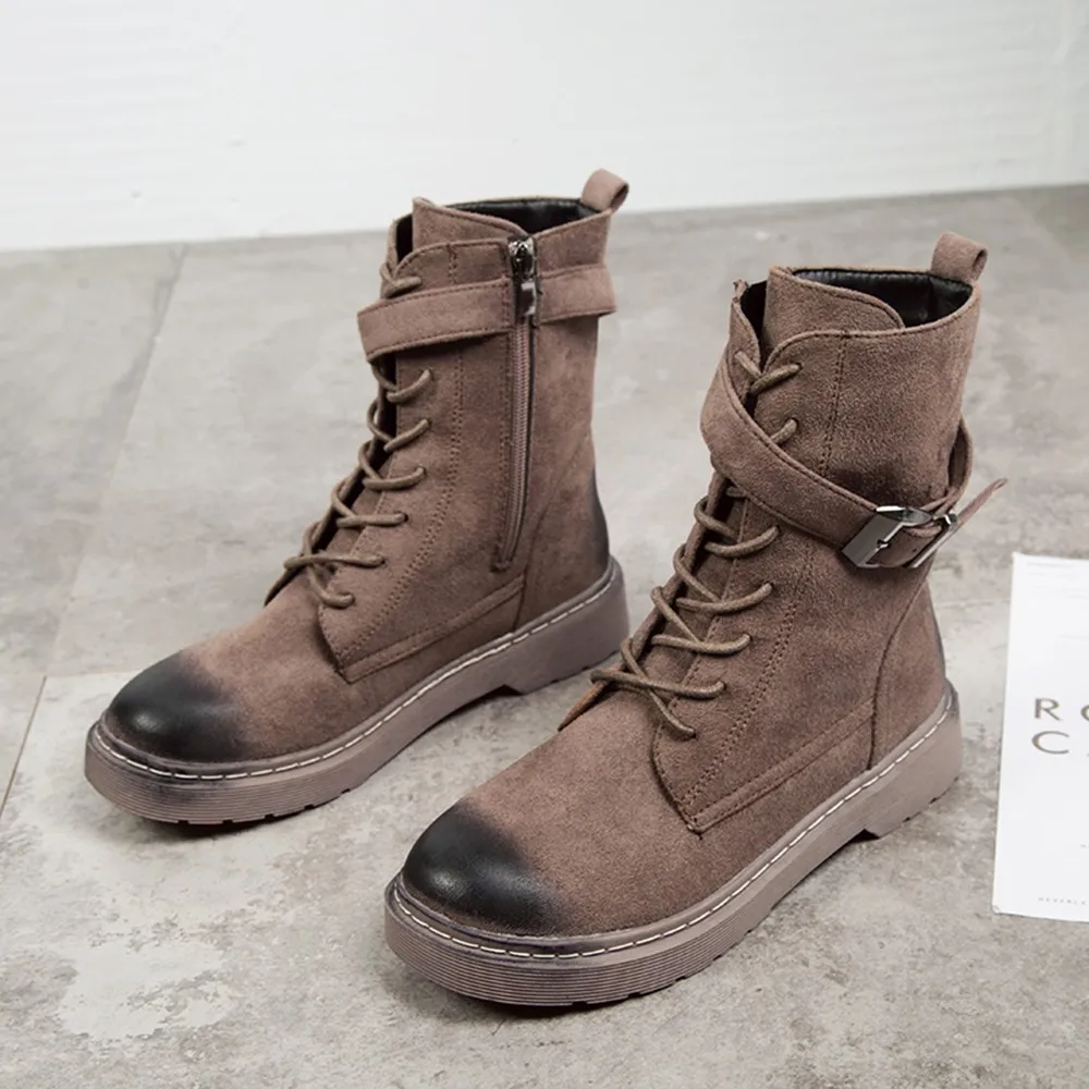 Женские ботинки в байкерском стиле Зимние Замшевые Мартенс Модные ботильоны с