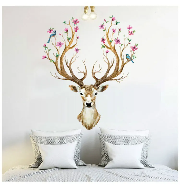 2018 Hot Sell Sika Deer Head Flowers Bird Wall stickers Decals Kids Home Decor Mural DIY | Дом и сад