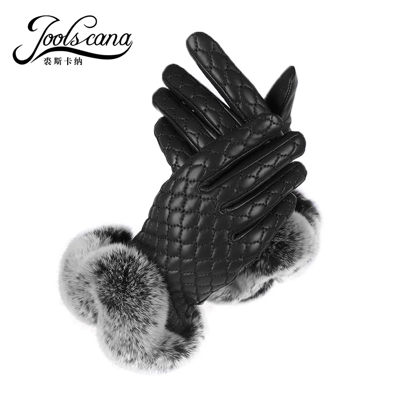 

JOOLSCANA female leather gloves women winter gloves with winter rabbit fur genuine Italy leather glove touch screen only black