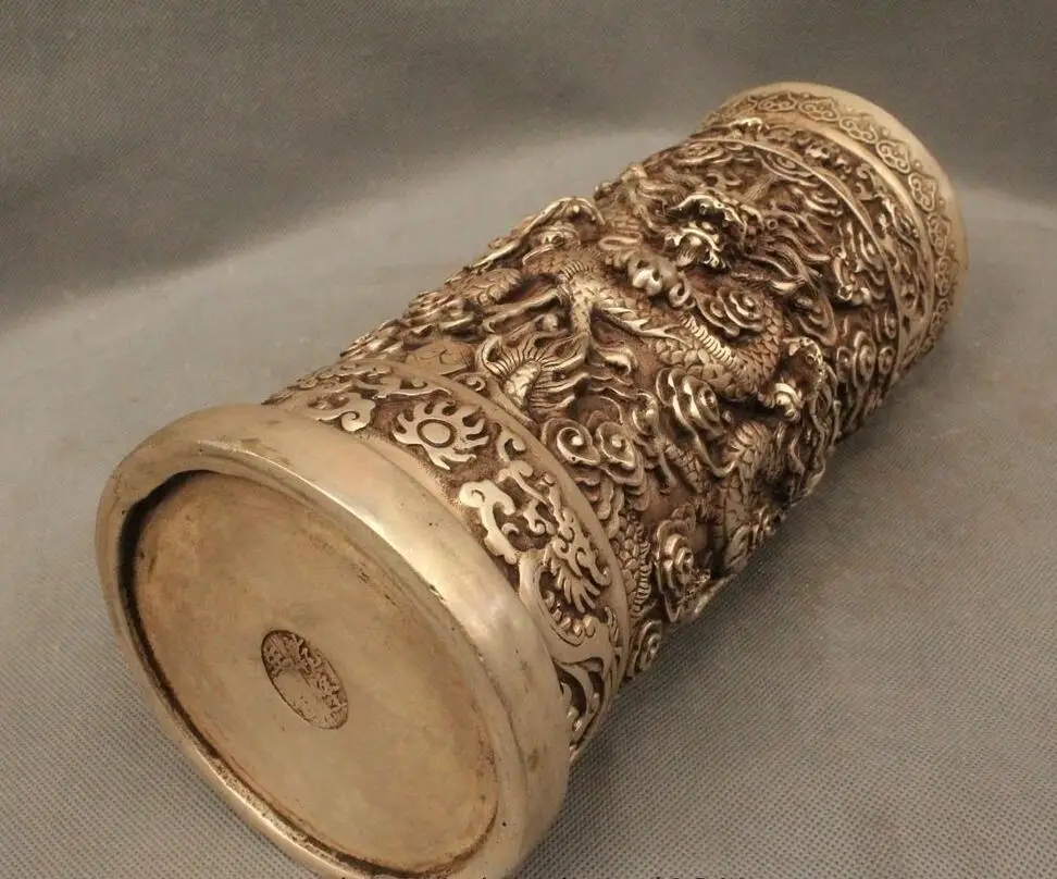 11&quot Chinese Dynasty Silver Successful Nine Dragon Play Bead Brush Pot pencil vas | Дом и сад