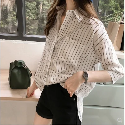 OL/Весенняя блузка рубашка в полоску с тремя карманами и отложным воротником