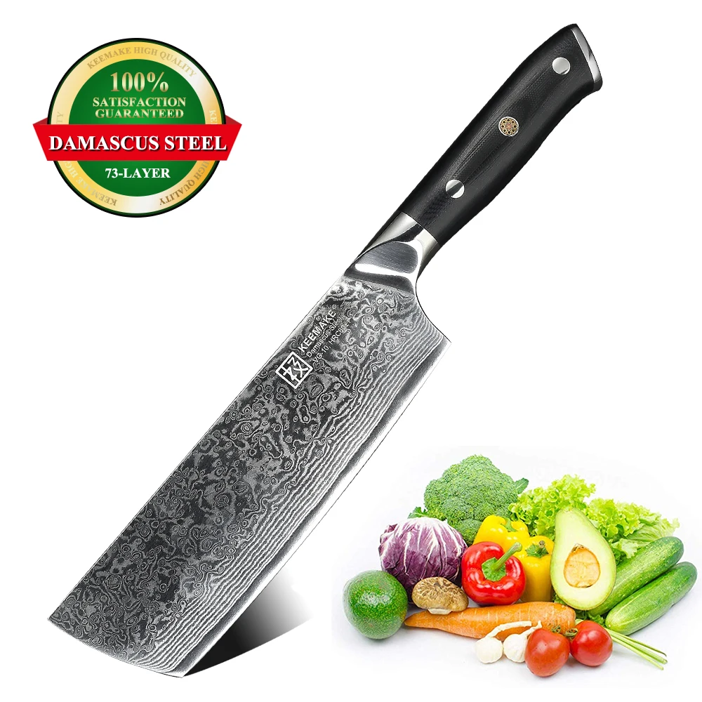 

KEEMAKE 7 inch Japanese Nakiri Knife VG10 Damascus Steel Chef Cleaver Knife Razor Sharp Cutting Tools G10 Handle Grip