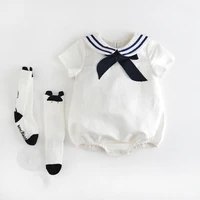 baby girls navy sailor white clothes lovely bow tie collor baby polka dot pink rompers children summer climb jumpsuit with socks