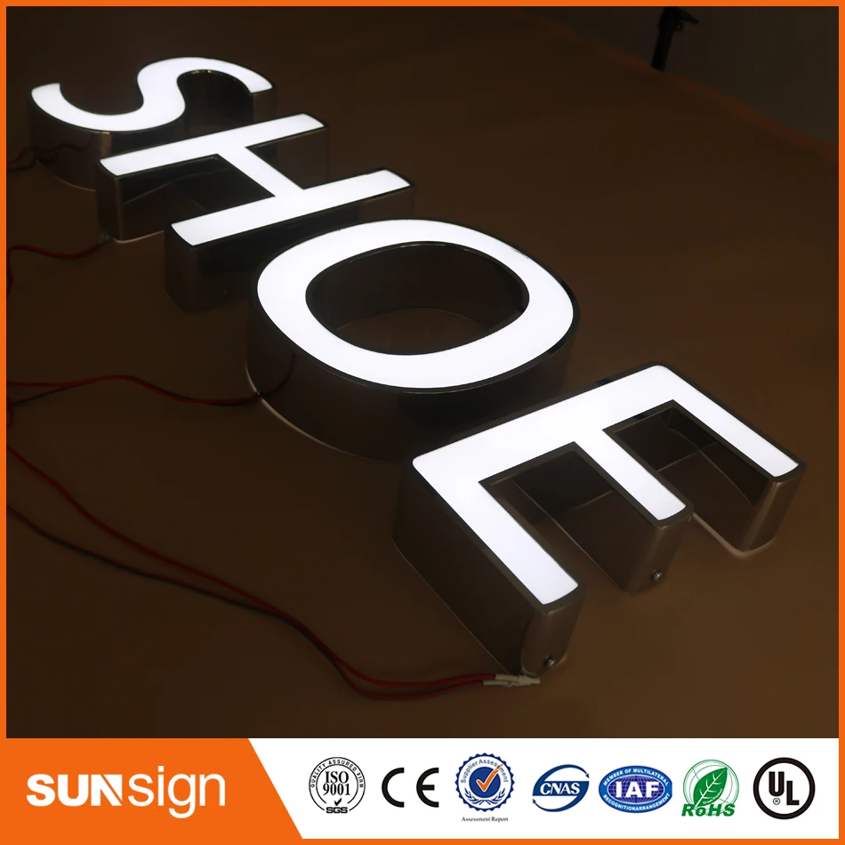 Front-lit stainless steel led channel letter sign for store