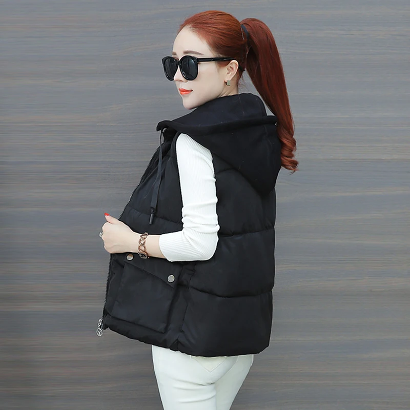 

Autumn Winter Vest Women cotton hooded down vest female Warm Waistcoat Outerwear veste femme Casual Thicken Jacket Plus Size