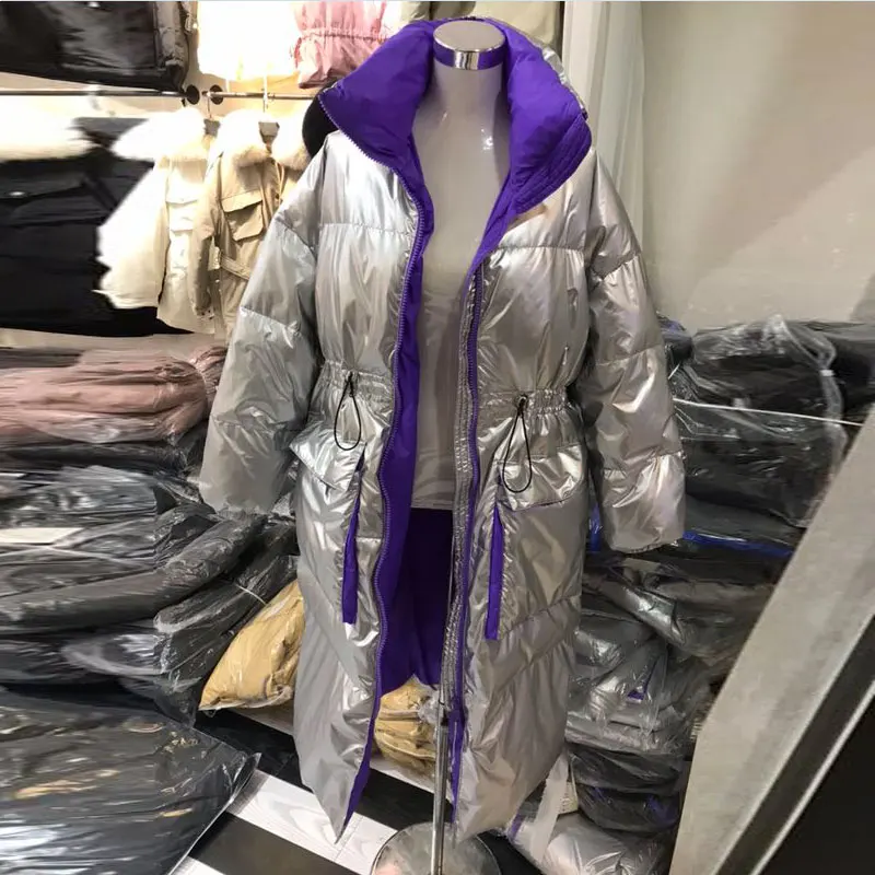 Silver Серебряное блестящее женское пуховое пальто зимняя куртка модный длинный пуховик Женская Толстая теплая парка больших размеров пальто уличная - Цвет: Silver