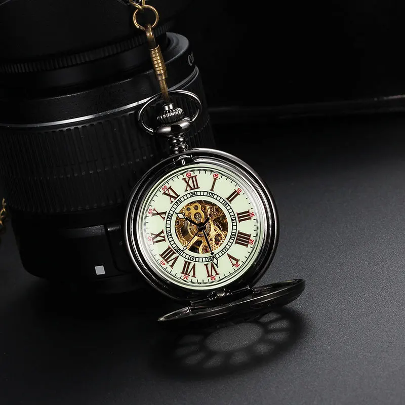 Светящийся циферблат Скелет Самовзводные карманные часы для Для мужчин и женщин