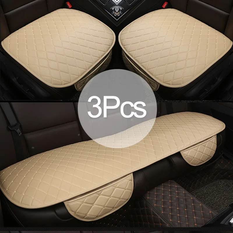 3Pcs Beige Автомобильные аксессуары, полиуретановые чехлы для автомобильных сидений, набор универсальных чехлов для автомобильных сидений из искусственной кожи, автомобильные чехлы для стульев, Защитные подушки для передних и задних сидений - Название цвета: 3Pcs Beige