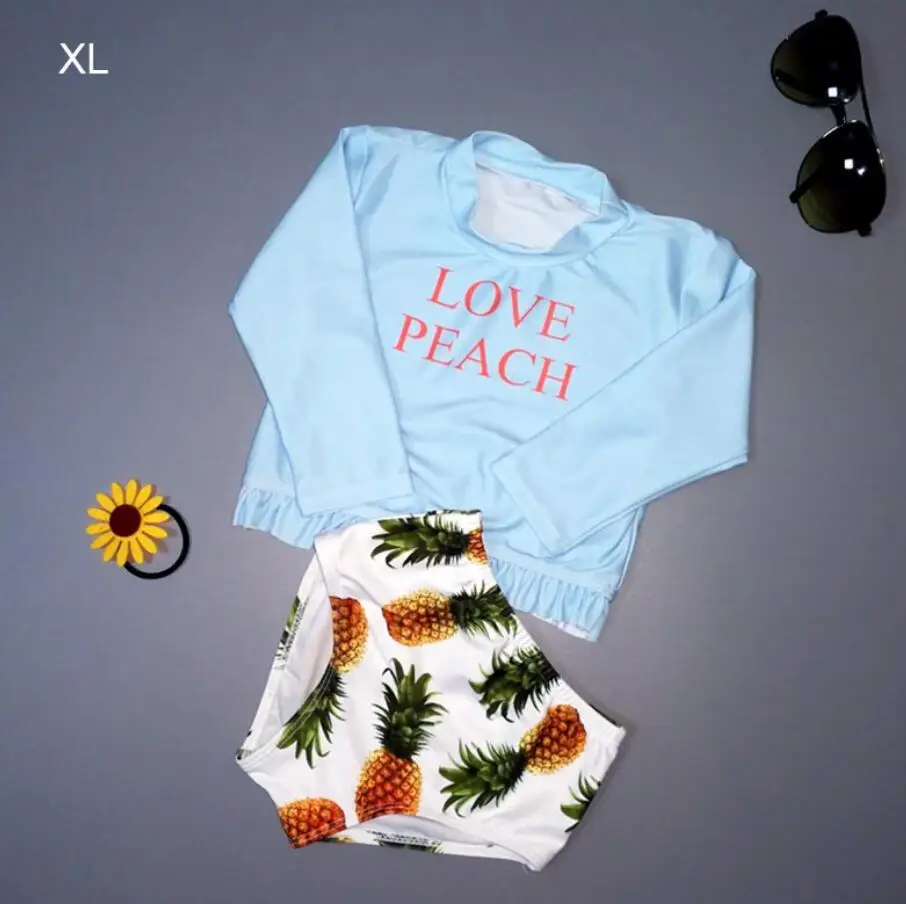 Blue XL Новые детские купальные костюмы с рисунком ананаса и букв купальный костюм для маленьких девочек из двух предметов, купальник-бикини с длинными рукавами купальный костюм для младенцев - Цвет: Blue XL