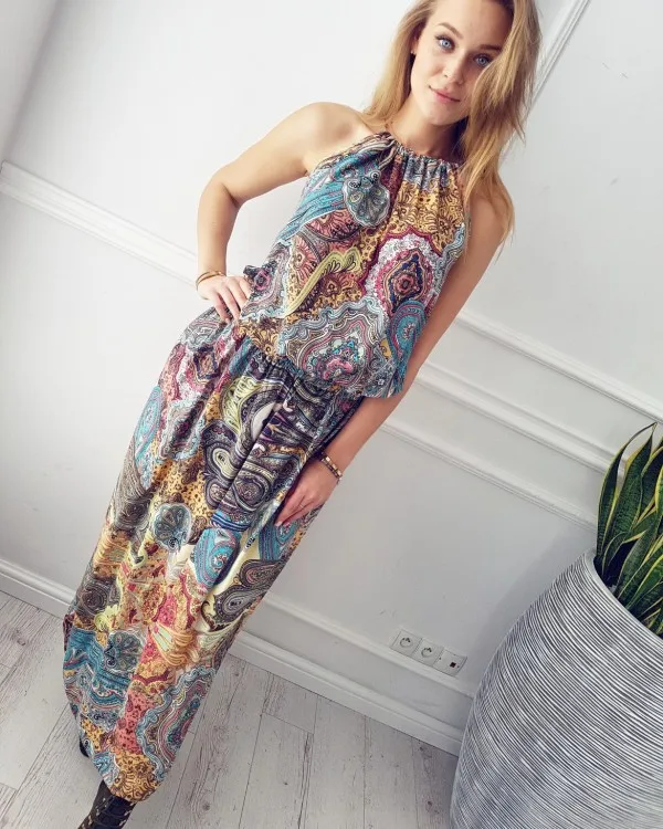 Женщины Boho Платье Богемный Стиль Тотем Цветок Печатных Холтер Шеи Без Рукавов