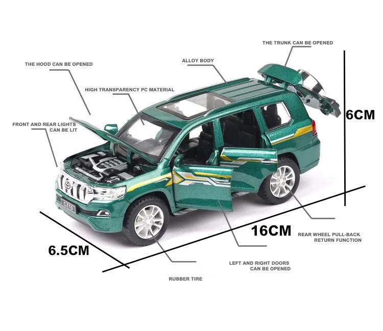 New Model 1/32 PRADO Simulated Off-road Vehicle Model 6 Open Doors, Sound and Light Echo Function Toy Car kids Collection