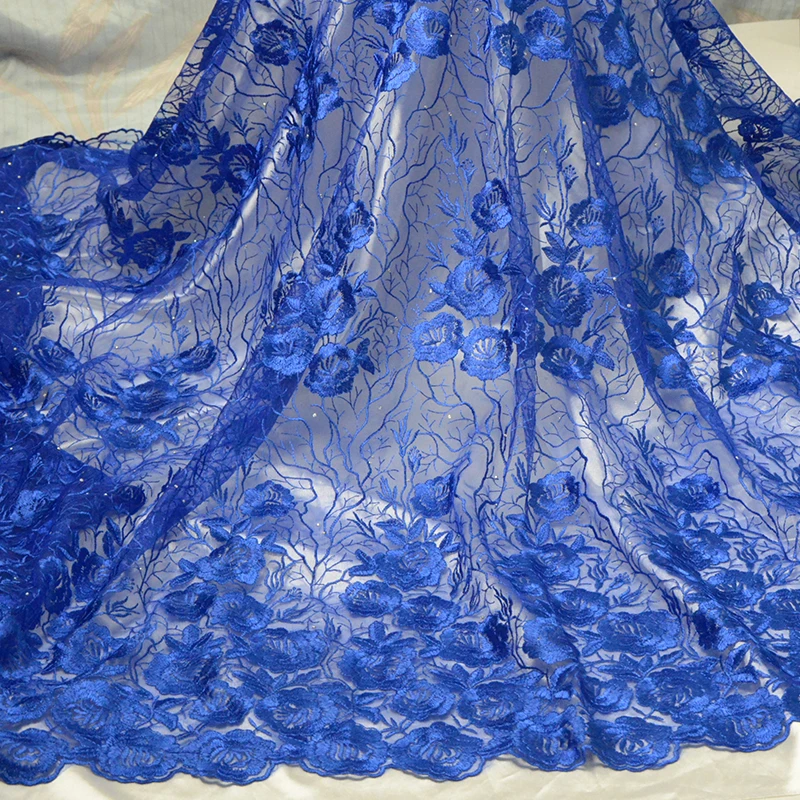 Royal blue African lace fabric soft french tulle for bridal Nigerian net with stones 5 yards free shipping | Дом и сад