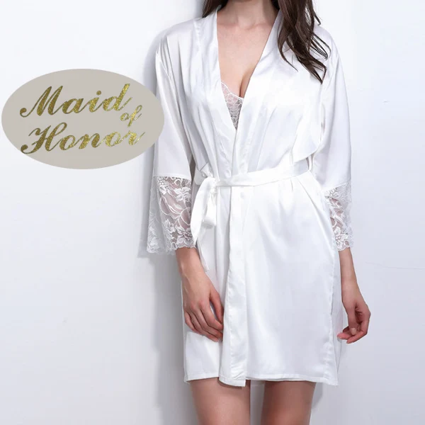 White(Maid of Honor) R18 Сексуальная атласная Женская пижама с кружевом отделка кимоно Свадебные халаты золотой блеск невесты Пижама для невесты ночная рубашка платье Вечерние пижамы для женщин - Цвет: White(Maid of Honor)