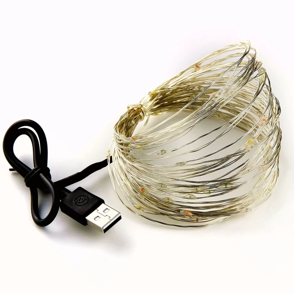 Светодиодный шнур usb 5 В, декоративная серебряная гирлянда, Рождественские огни, 2 м/5 м/10, теплый белый, белый, для Рождества, свадьбы