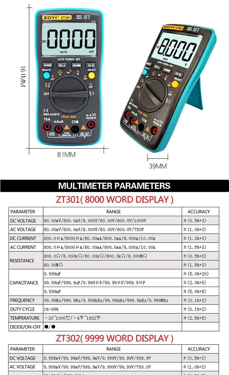 ZT301 ZT302 ZT303 Цифровой мультиметр 8000 отсчетов True-RMS задний светильник AC DC Напряжение Амперметр Ток Ом Авто/ручной