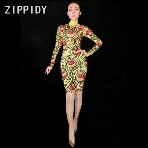 

Fashion Rhinestones Long Sleeves Stretch Birthday Celebrate Outfit Women's Printed Costume Nightclub Female Singer Sexy Dress