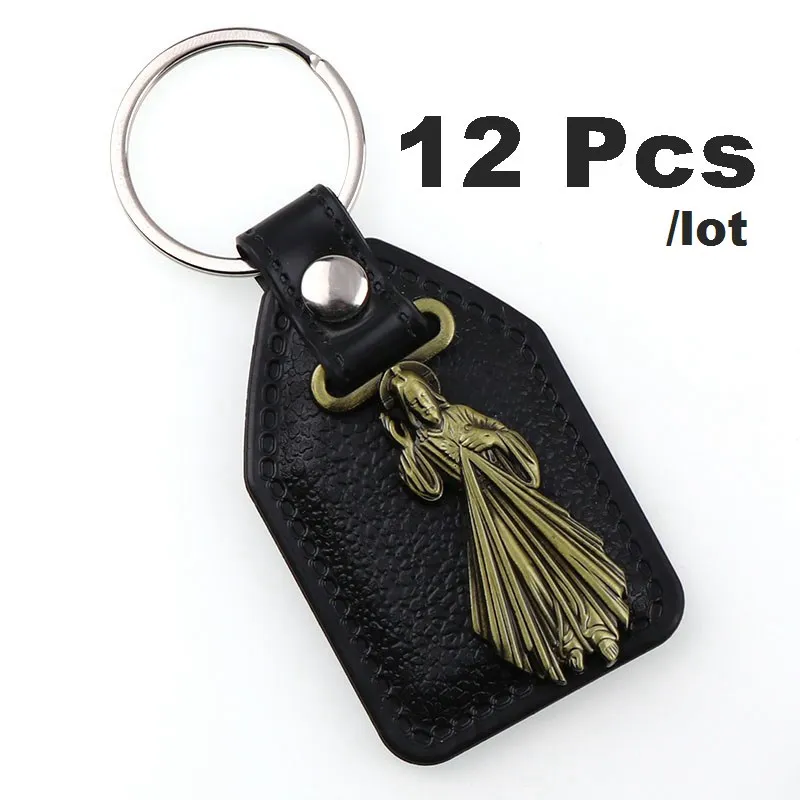 12pcs As Photo 12 шт., брелок для ключей из искусственной кожи, католический Шарм, подвески для мужчин, черная бирка, антикварная бронзовая позолота, крючок, ключ, религиозные брелки - Цвет: 12pcs As Photo