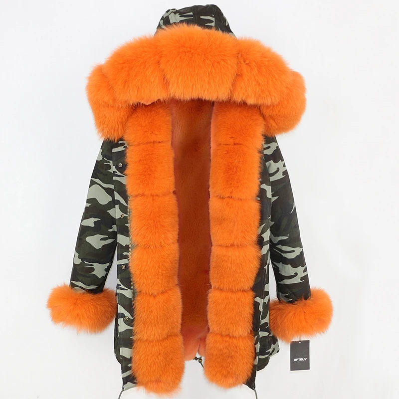 camo orange OFTBUY парка, зимняя куртка, женское меховое пальто, натуральный Лисий мех, воротник, Толстая теплая длинная парка, Большая Меховая верхняя одежда, съемная - Цвет: camo orange