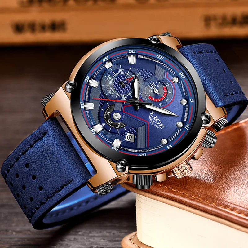 Часы наручные LIGE Мужские кварцевые брендовые Спортивные Повседневные