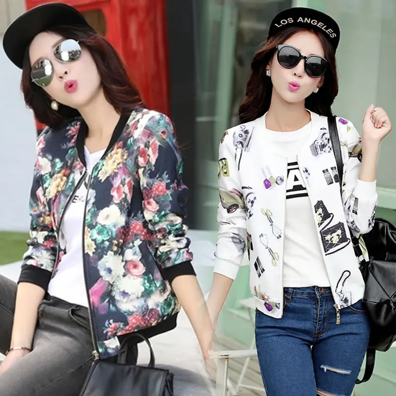 

2016 Autumn New Korean Womens basic coats And Jackets Long Sleeve Floral bomber jacket baseball Junior Slim bolero blouson femme