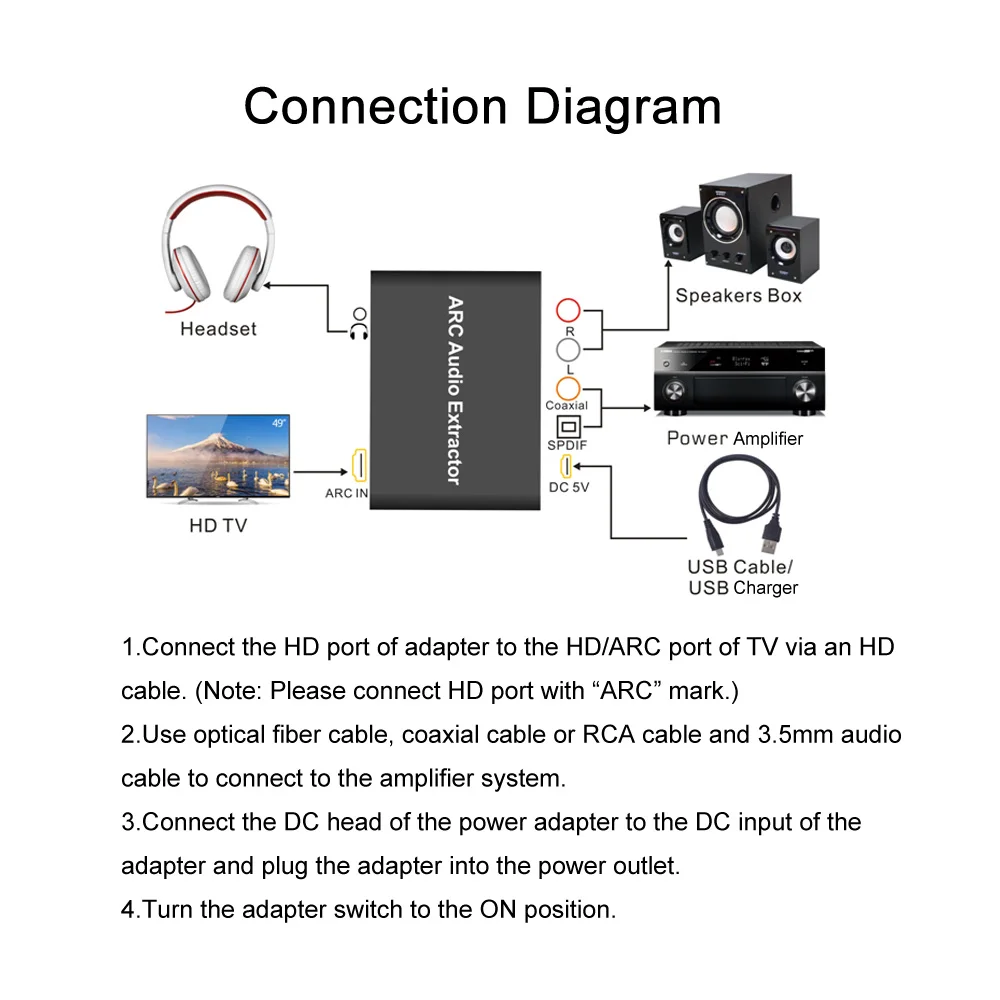 AY80 Arc аудио экстрактор HD обратный канальный адаптер Поддержка волокна RCA 3 5 мм