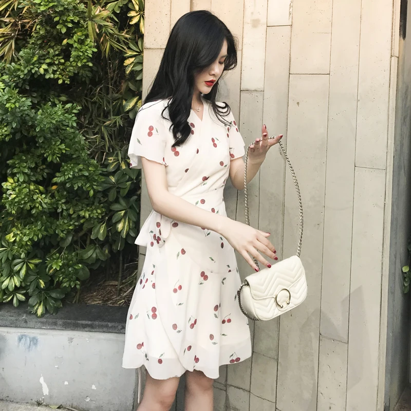 Женское шифоновое платье с коротким рукавом милое короткое цветочным принтом