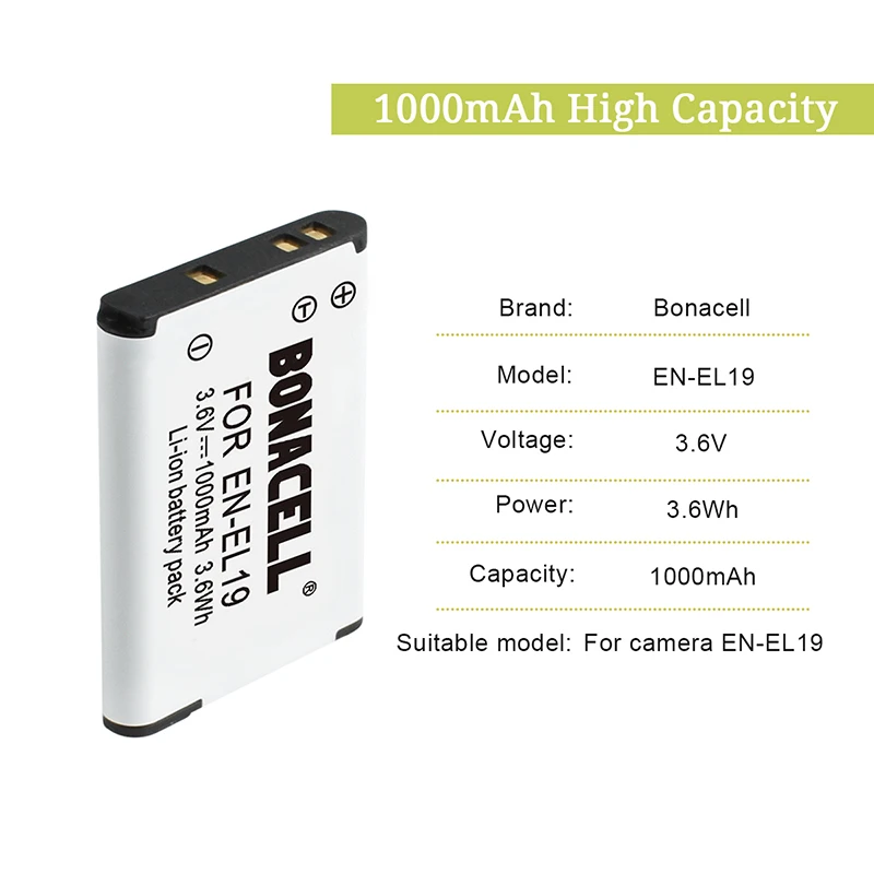 Bonacell 1.0Ah EN EL19 батарея для цифровой камеры Nikon Coolpix S33 S32 S3600 S3700 S4300 S5200 S6800 S4100 S4150 S4200