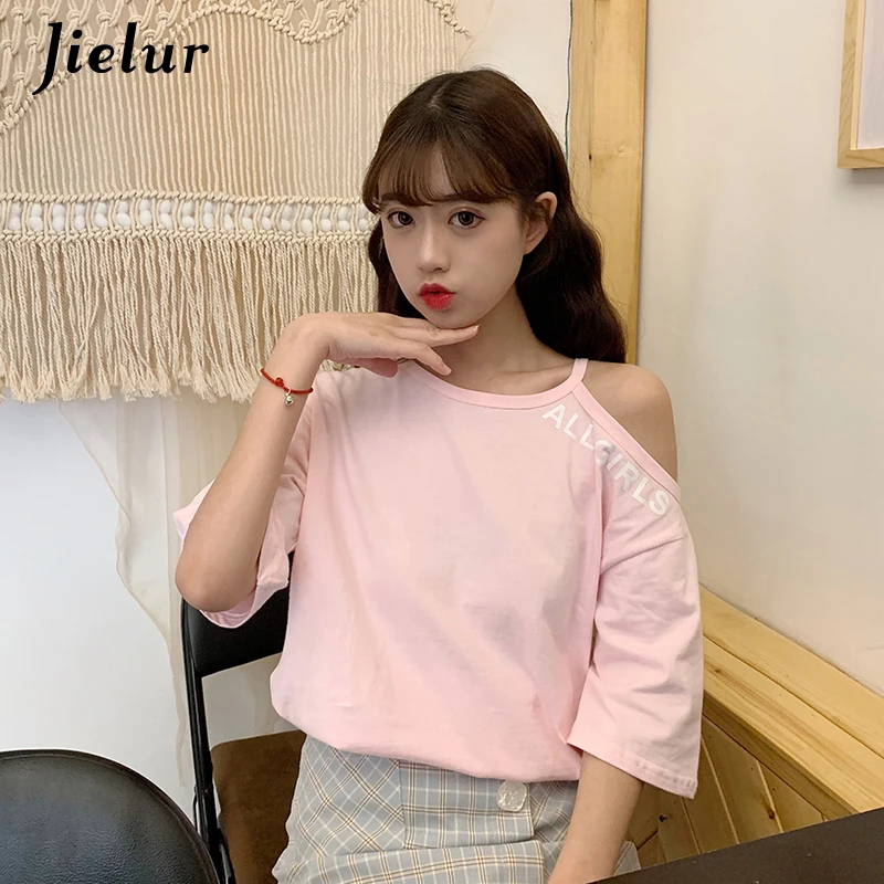 Jielur сексуальная розовая фиолетовая футболка с открытыми плечами Женская Милая в
