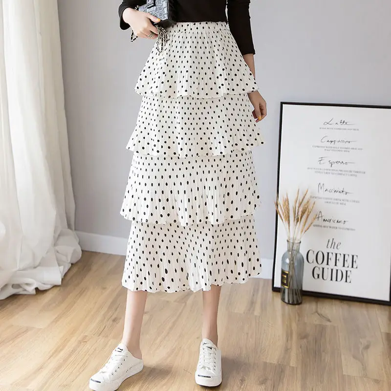 Polka Dot White Женская Юбка с Высокой Талией Миди Плиссированные Юбки Женщины Корейской Моды Многослойная Повседневная Юбка в Горошек Юбки Женская Одежда - Цвет: Polka Dot White
