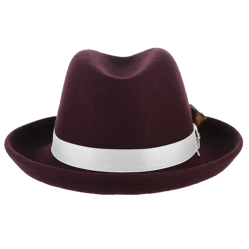Классическая homberg Шляпа Fedora для мужчин женщин Винтаж сплошной цвет изогнутый край шерсть фетровая шляпа с лентой ручной работы цветочный