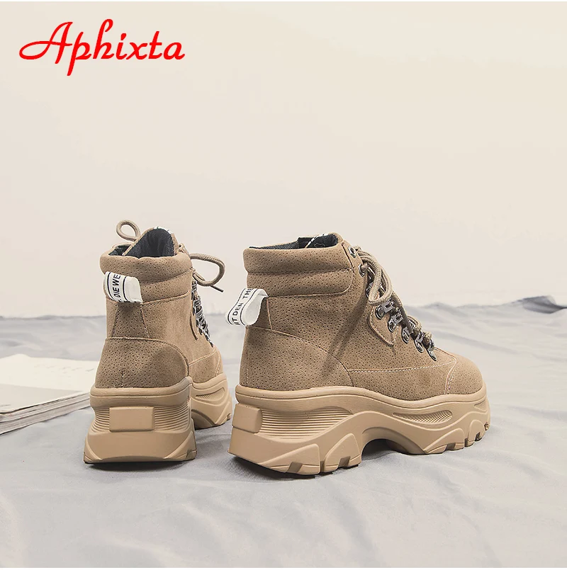 Aphixta/ботильоны на платформе; женская обувь из коровьей замши; зимняя обувь для верховой езды на толстой подошве; женская обувь на шнуровке; водонепроницаемые ботинки